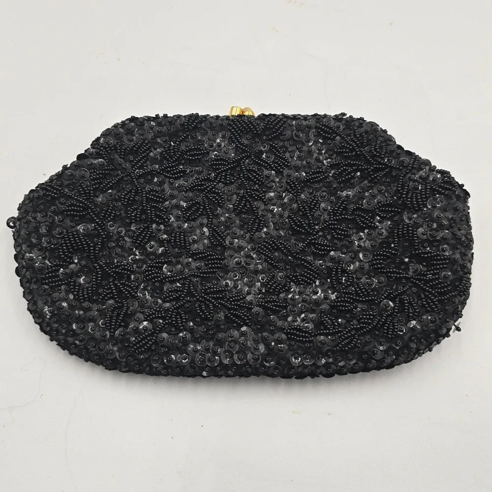 By Simon Ernest Blum Vintage Evening Clutch Purse Black Beaded Sequin Kiss Lock